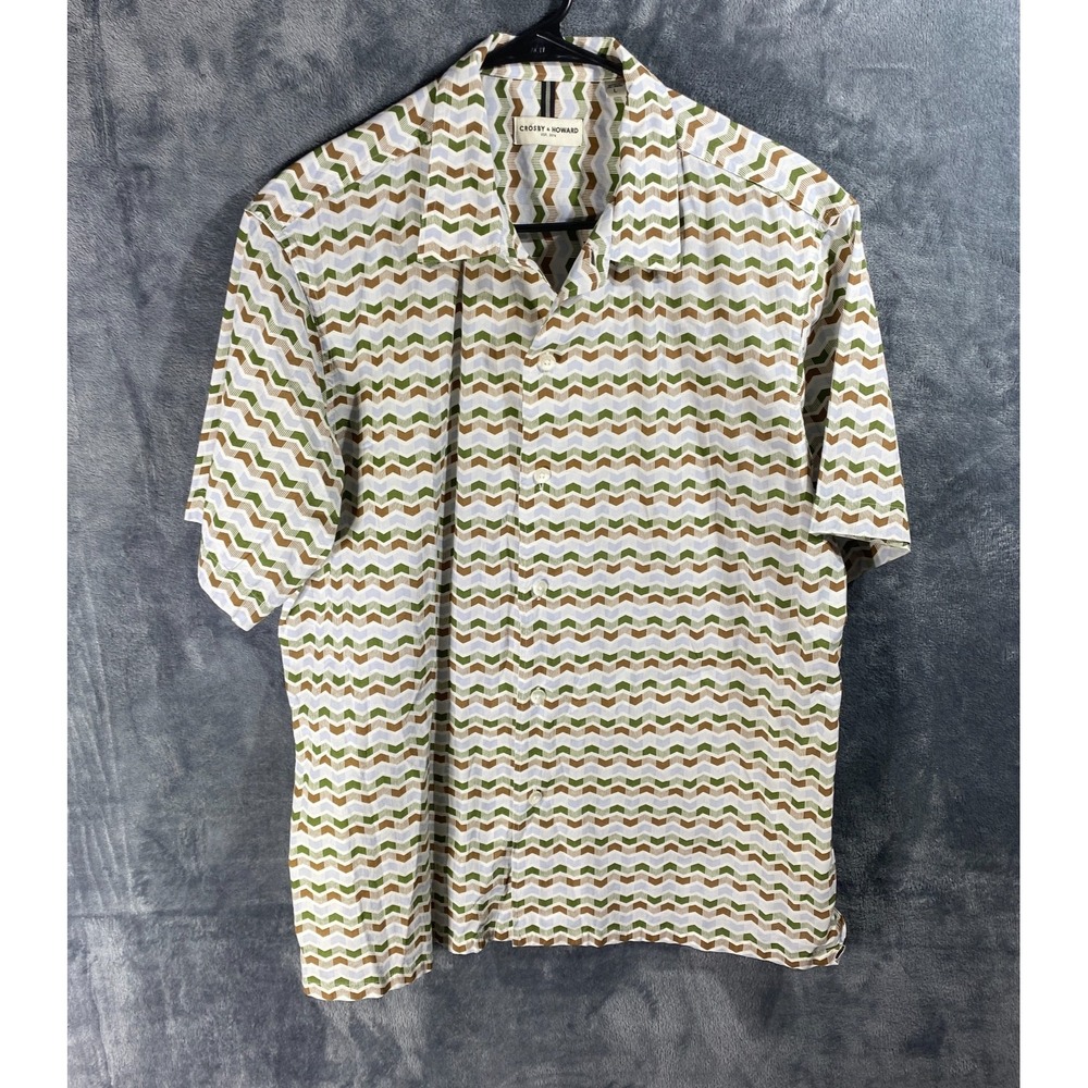 Crosby & Howard Button Down Shirt Mens Large Geometric Wavy Print Short Sleeve